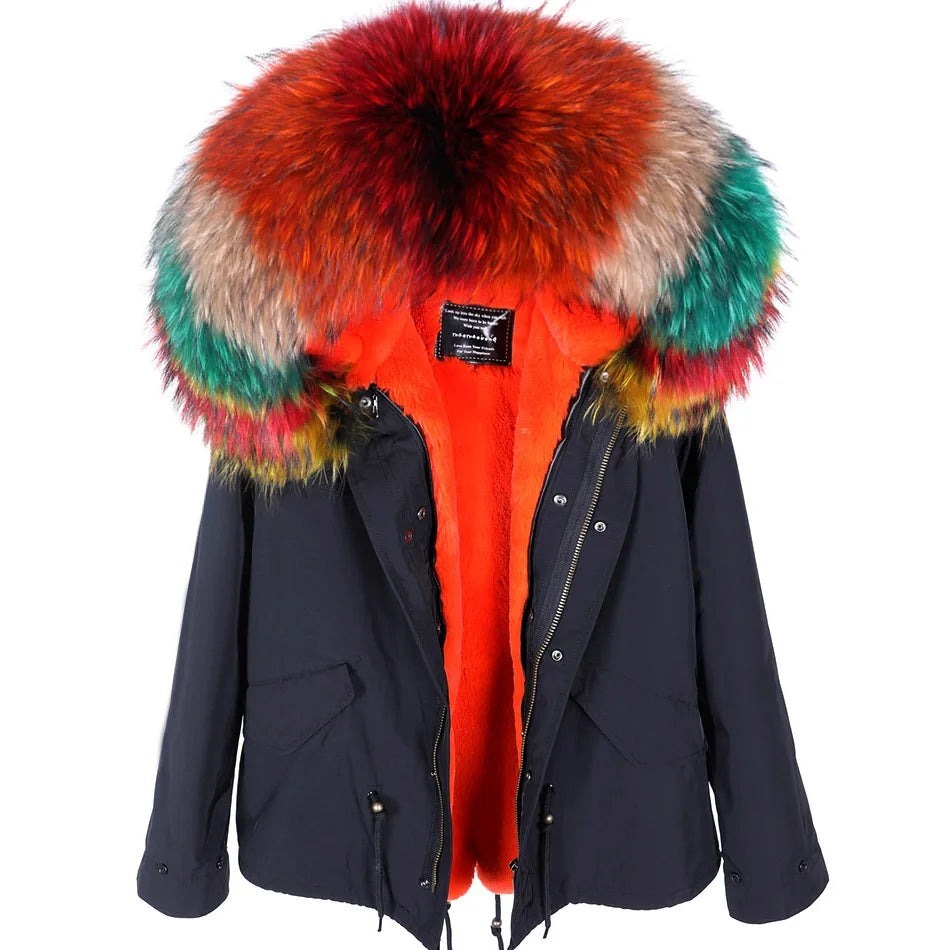 MAOMAOKONG 2025 Real Fur Coat New Fashion Fox Fur Collar Winter Women's clothing Removable Lining Thickened Jacket Short Parka