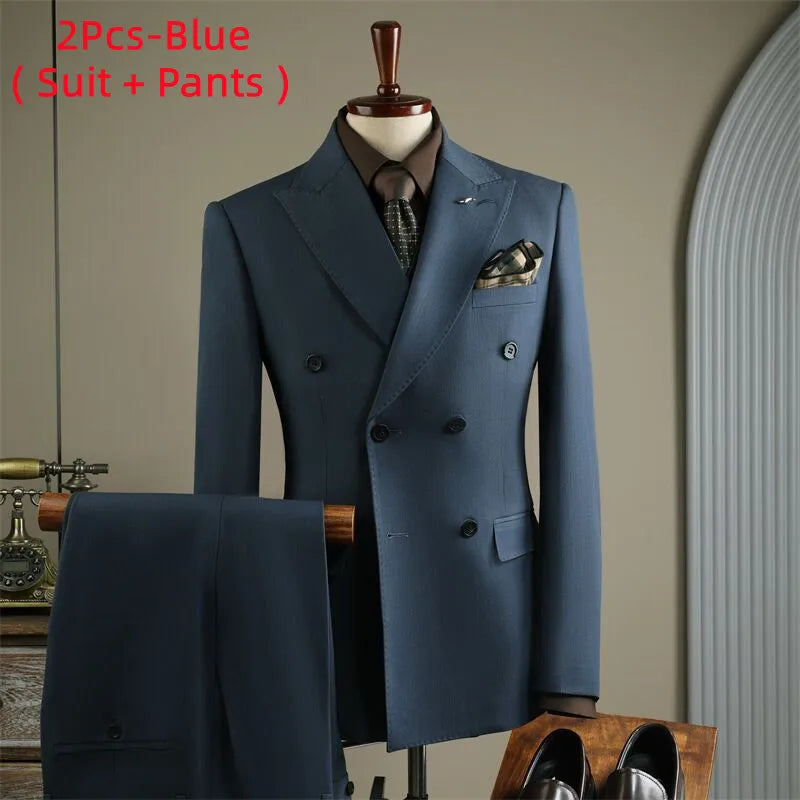 High Quality Mens Suit Formal Business Slim Fit Double-breasted Striped Suit Set Groom Wedding Dress Party Tuxedo Men's Clothing