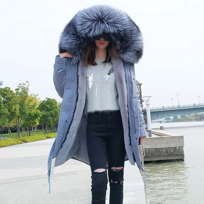 MAOMAOKONG 2025 Real Fur Coat New Fashion Fox Fur Collar Winter Women's clothing Removable Lining Thickened Jacket Short Parka