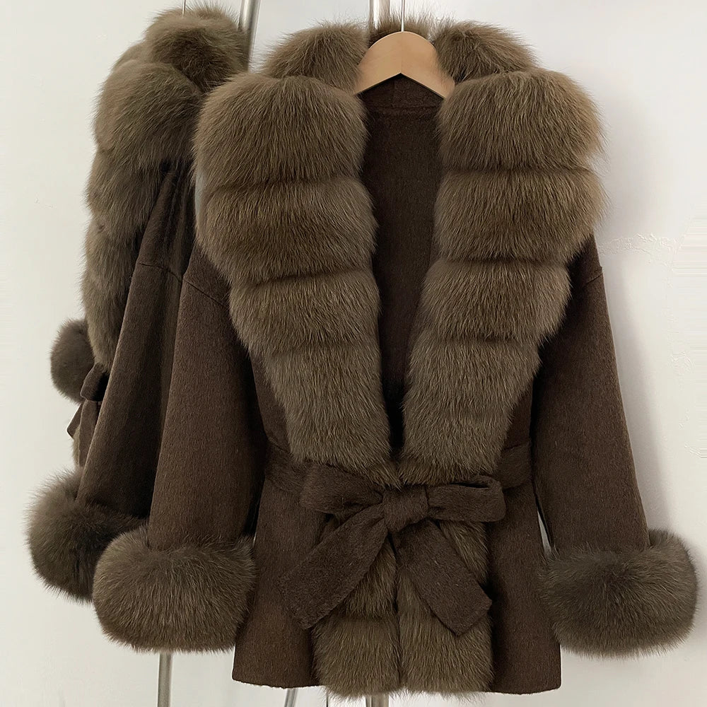 Reality Fur Jacket Women Natural Fox Fur Cuffs Winter Clothing Female Real Fur Wool Jacket Fashion Elegant Woolen Coat With Belt