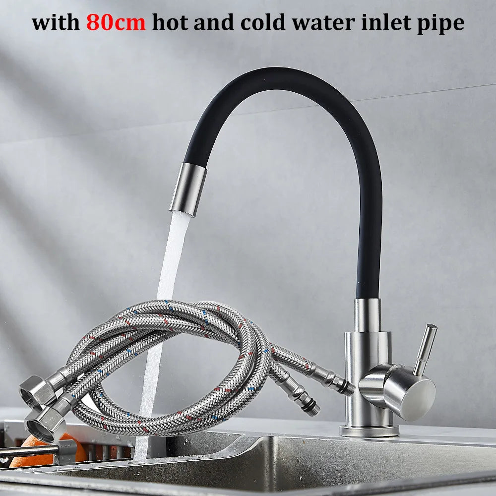 Rotatable Universal Bending Kitchen Sink Hot and Cold Dual-use Faucet 304 Stainless Steel Silicone Tube Sink Faucet