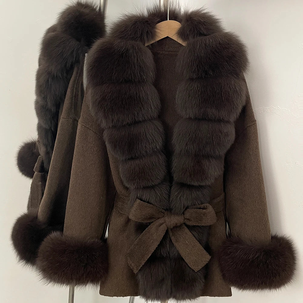 Reality Fur Jacket Women Natural Fox Fur Cuffs Winter Clothing Female Real Fur Wool Jacket Fashion Elegant Woolen Coat With Belt