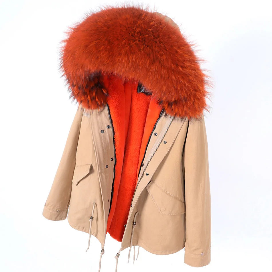 MAOMAOKONG 2025 Real Fur Coat New Fashion Fox Fur Collar Winter Women's clothing Removable Lining Thickened Jacket Short Parka
