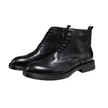 Winter New Leather Short Boots Motorcycle Boots Men's High-top Lace-up Boots Brock Carved British Retro Shoes