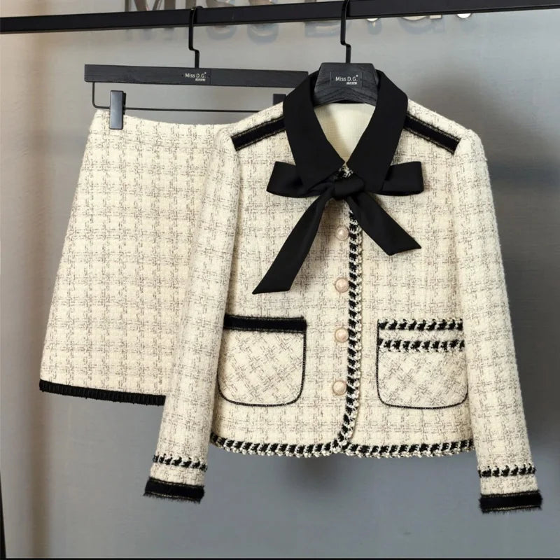 Women Elegant Vintage Tweed Fragrant Suit Jacke Coat Top And Skirt Two Piece Set Green Outfit Winter Jacquard Party Clothing