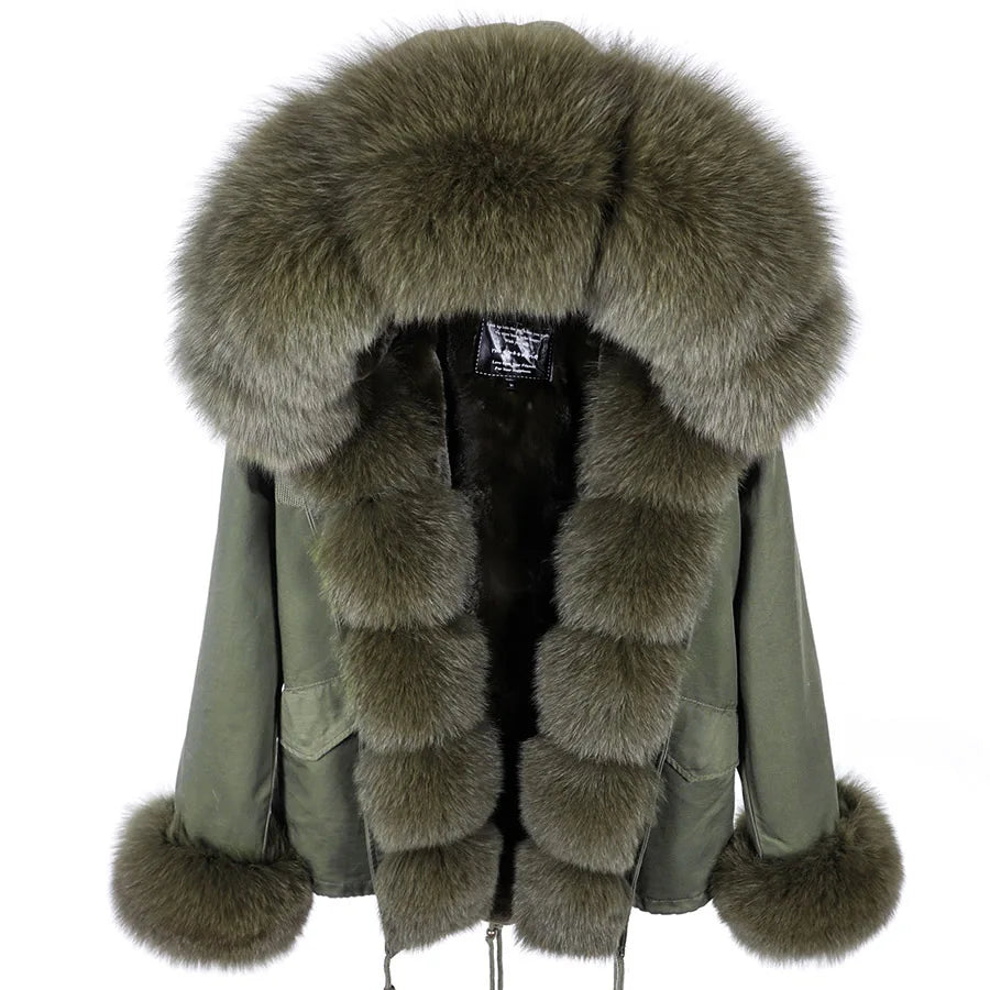 MAOMAOKONG 2025 Real Fur Coat New Fashion Fox Fur Collar Winter Women's clothing Removable Lining Thickened Jacket Short Parka