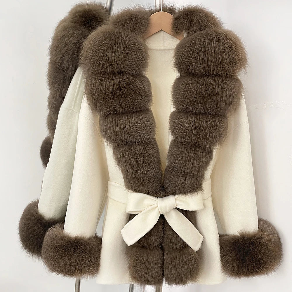 Reality Fur Jacket Women Natural Fox Fur Cuffs Winter Clothing Female Real Fur Wool Jacket Fashion Elegant Woolen Coat With Belt