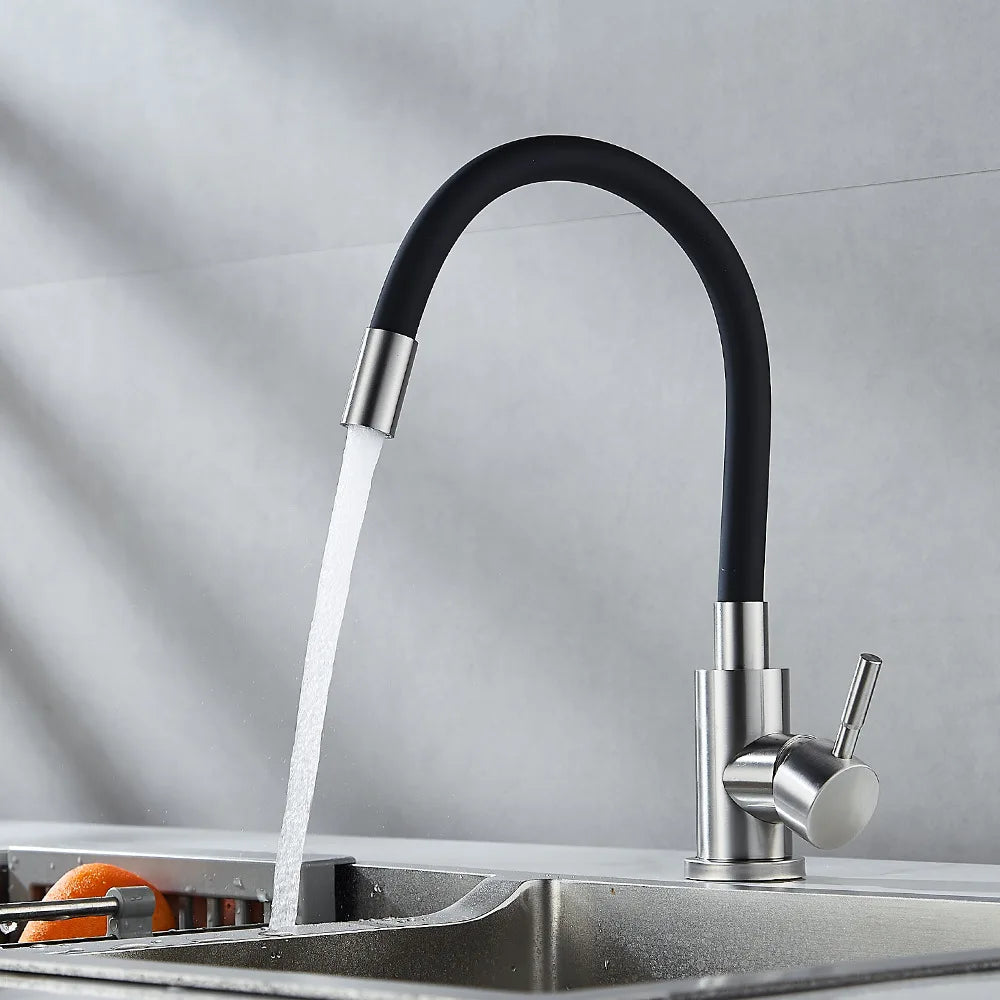 Rotatable Universal Bending Kitchen Sink Hot and Cold Dual-use Faucet 304 Stainless Steel Silicone Tube Sink Faucet