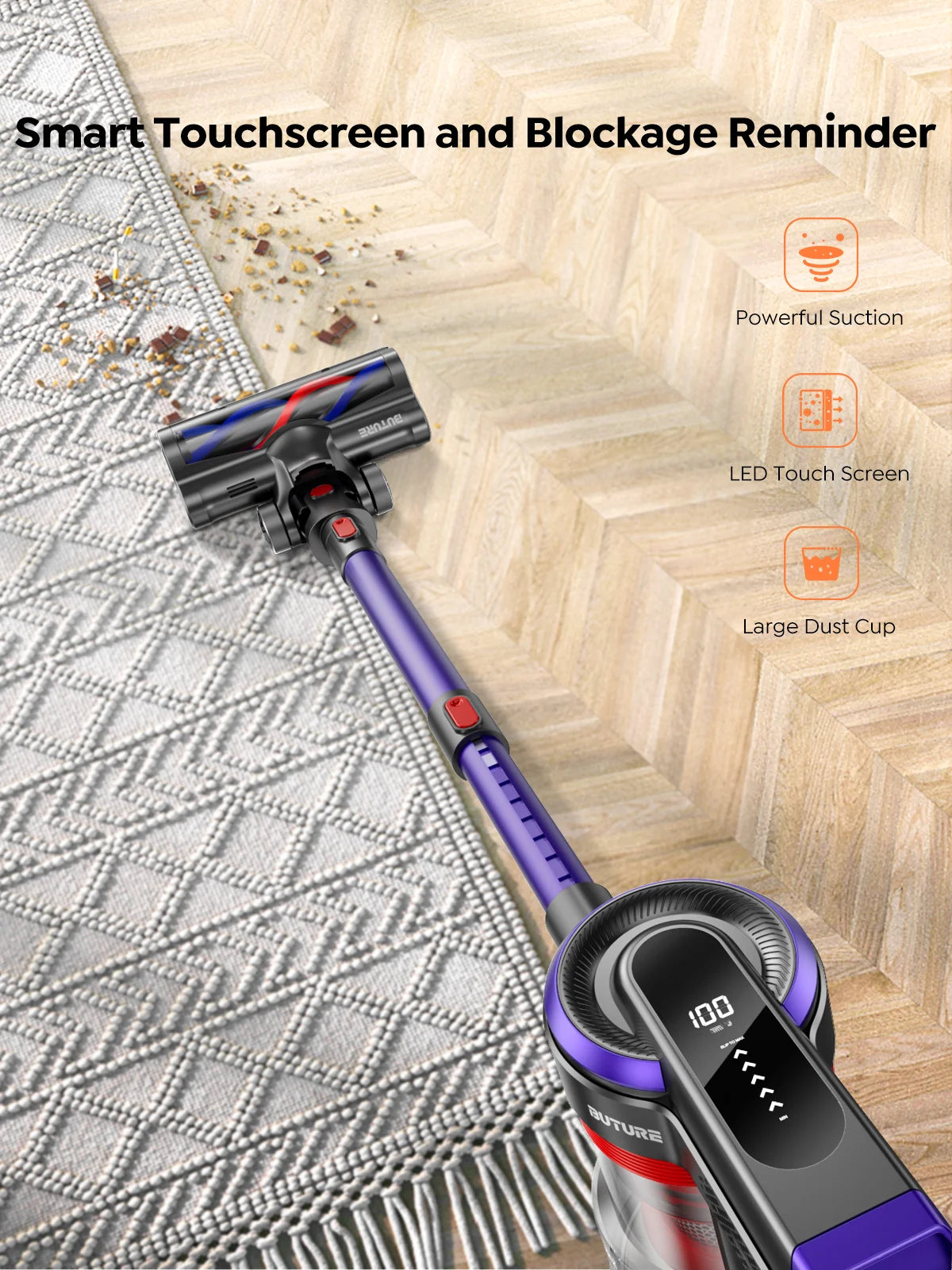 Burure JR400 portable cordless vacuum cleaner 38000PA suction power 450W household appliances 1.5L dust cup with touch screen cordless detachable battery, suitable for automotive animal hair