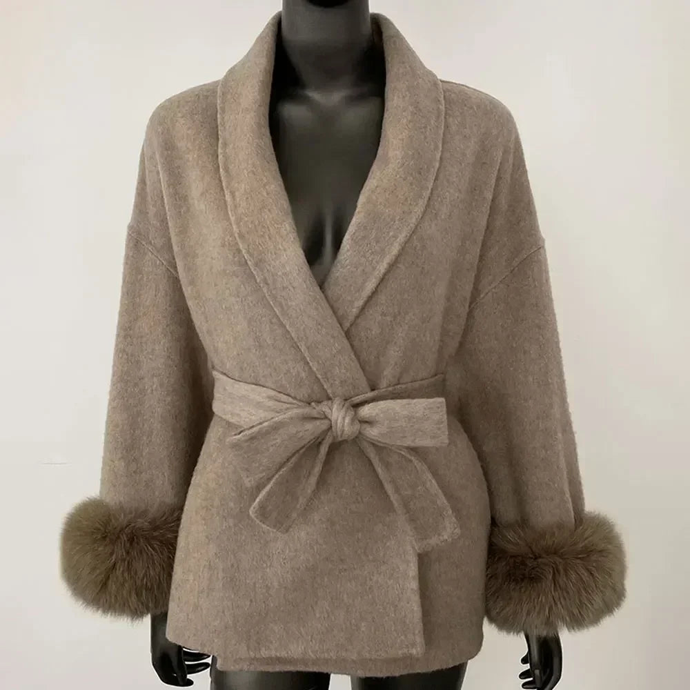 Long Sleeve Woolen Coat Elegant Office Lady Overcoats Fur Patchwork Beautiful Women's Clothing Fur Jacket Autumn 2024 Spring