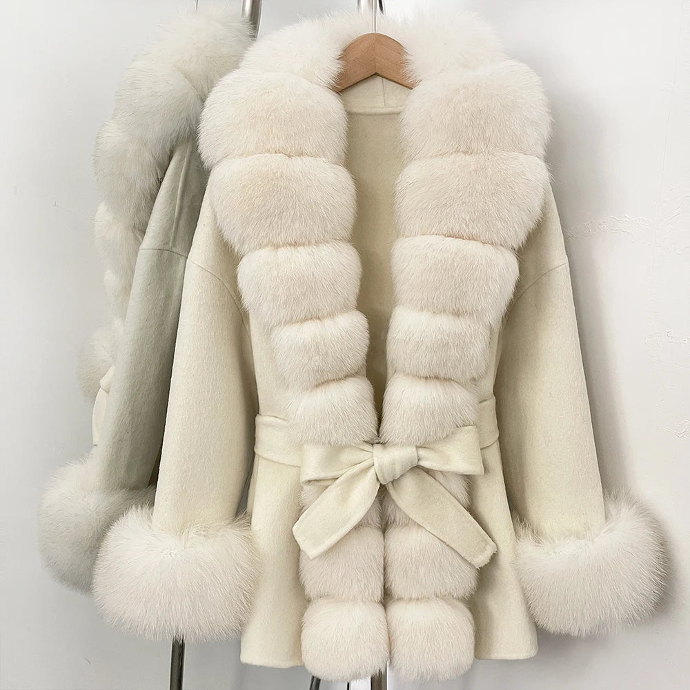 Reality Fur Jacket Women Natural Fox Fur Cuffs Winter Clothing Female Real Fur Wool Jacket Fashion Elegant Woolen Coat With Belt