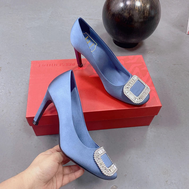 Women's New Square Button Single Shoes Silk Wedding Shoes Shallow Mouth Round Toe Thin Heel Rhinestone High Heels