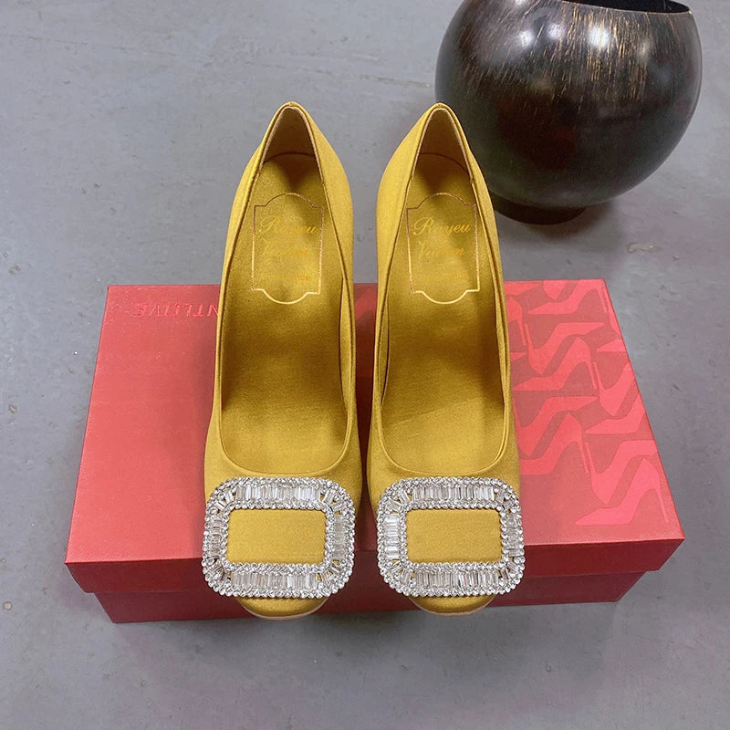 Women's New Square Button Single Shoes Silk Wedding Shoes Shallow Mouth Round Toe Thin Heel Rhinestone High Heels