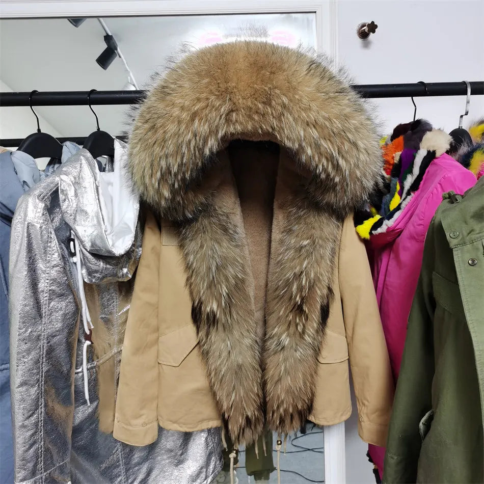 MAOMAOKONG 2025 Real Fur Coat New Fashion Fox Fur Collar Winter Women's clothing Removable Lining Thickened Jacket Short Parka