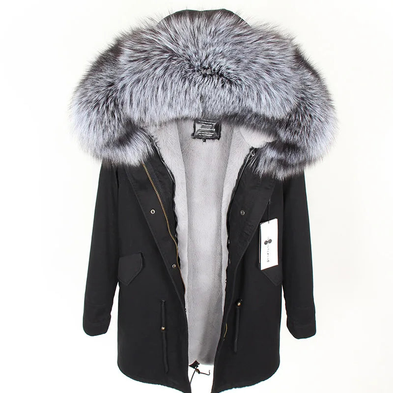 MAOMAOKONG 2025 Real Fur Coat New Fashion Fox Fur Collar Winter Women's clothing Removable Lining Thickened Jacket Short Parka