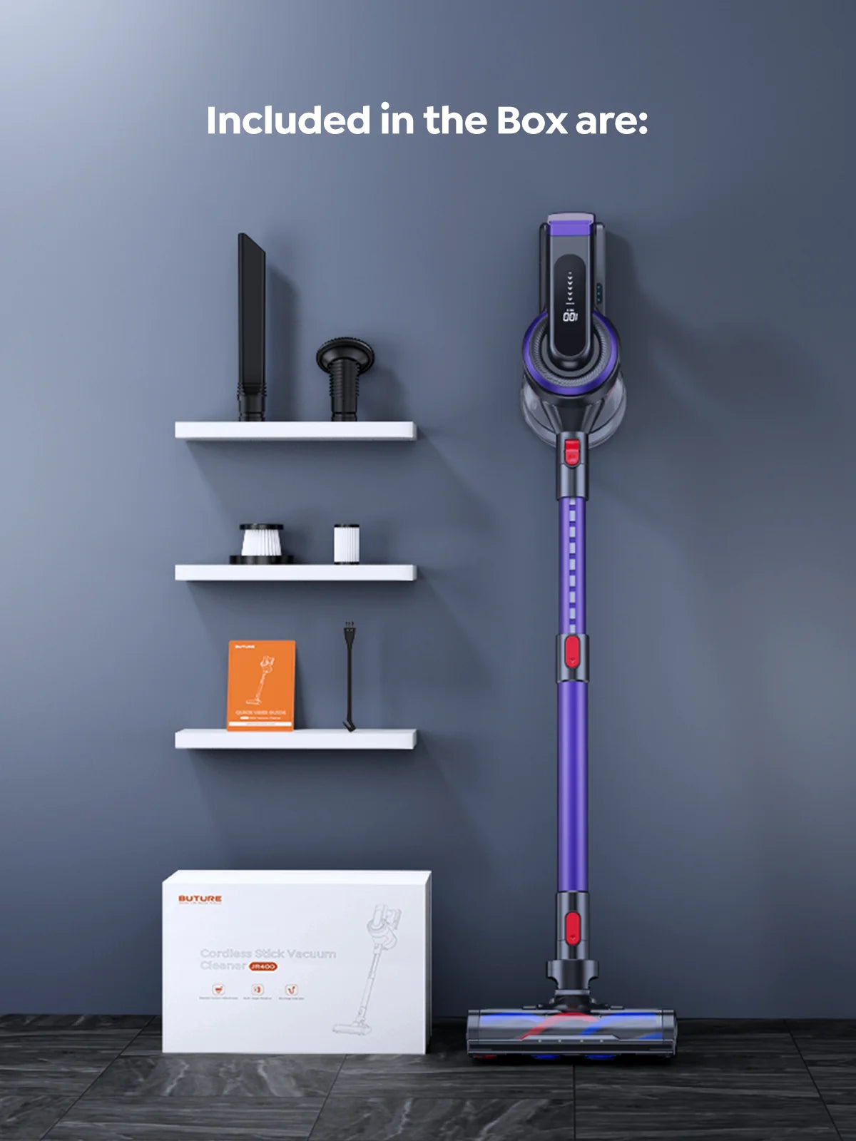 Burure JR400 portable cordless vacuum cleaner 38000PA suction power 450W household appliances 1.5L dust cup with touch screen cordless detachable battery, suitable for automotive animal hair