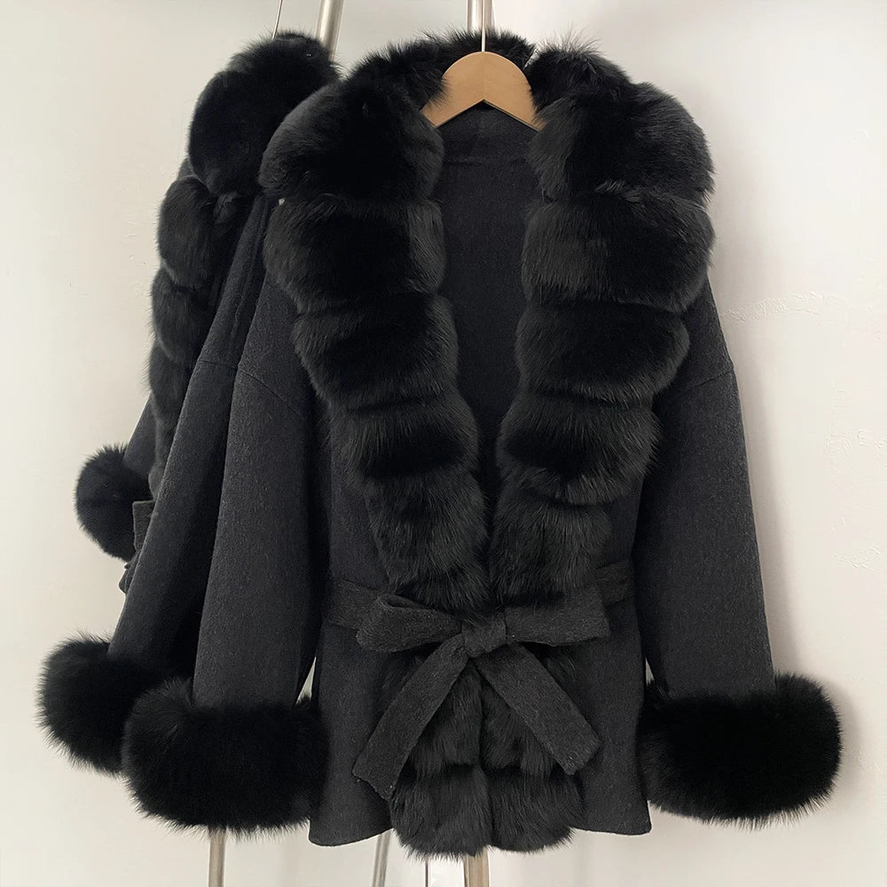 Reality Fur Jacket Women Natural Fox Fur Cuffs Winter Clothing Female Real Fur Wool Jacket Fashion Elegant Woolen Coat With Belt