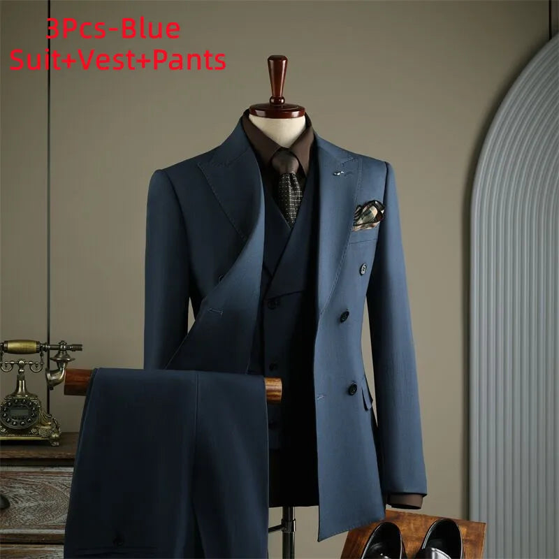 High Quality Mens Suit Formal Business Slim Fit Double-breasted Striped Suit Set Groom Wedding Dress Party Tuxedo Men's Clothing