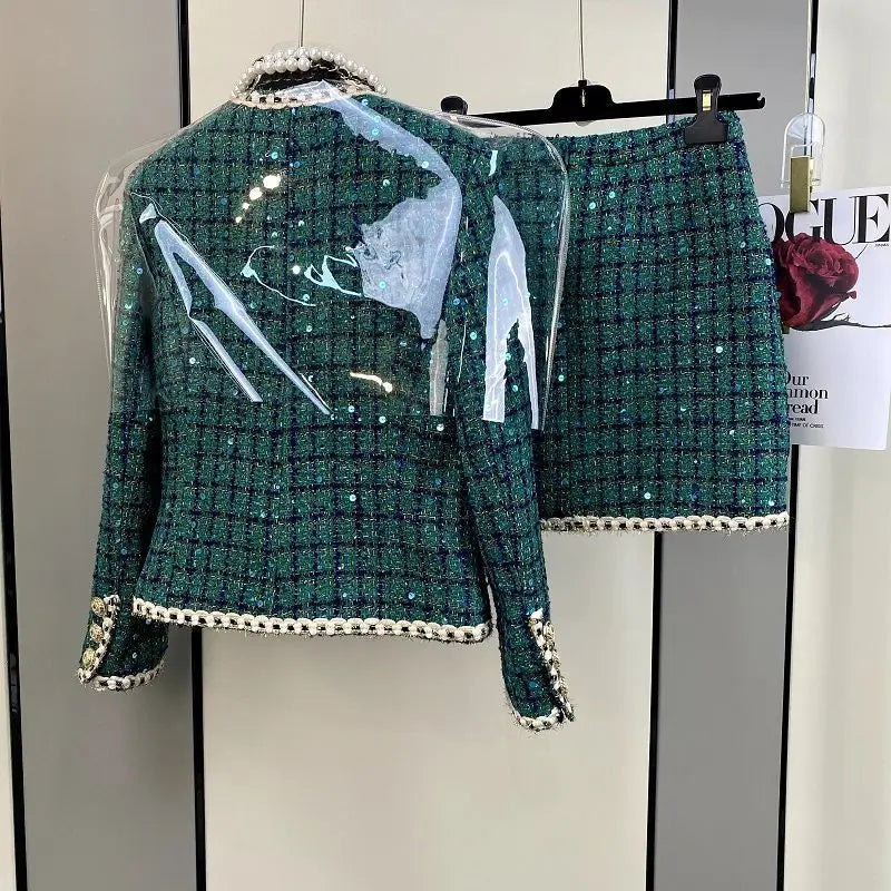 Women Elegant Vintage Tweed Fragrant Suit Jacke Coat Top And Skirt Two Piece Set Green Outfit Winter Jacquard Party Clothing
