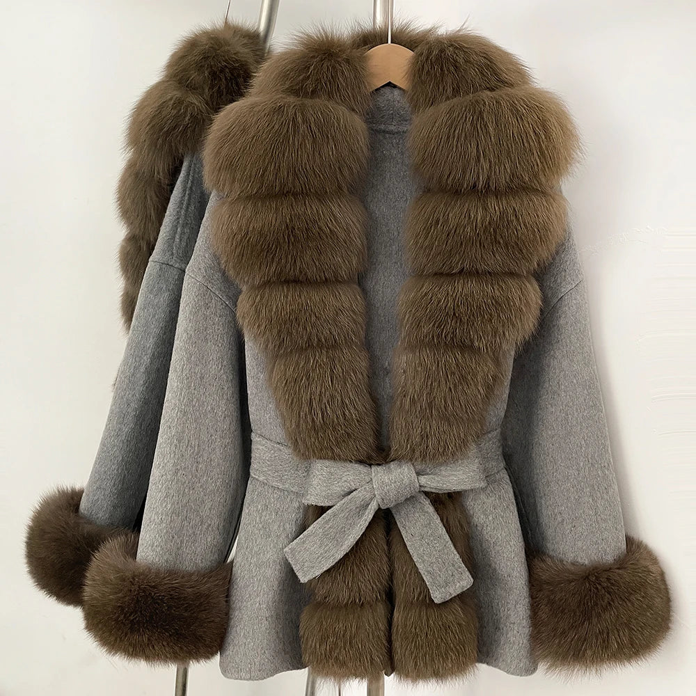 Reality Fur Jacket Women Natural Fox Fur Cuffs Winter Clothing Female Real Fur Wool Jacket Fashion Elegant Woolen Coat With Belt