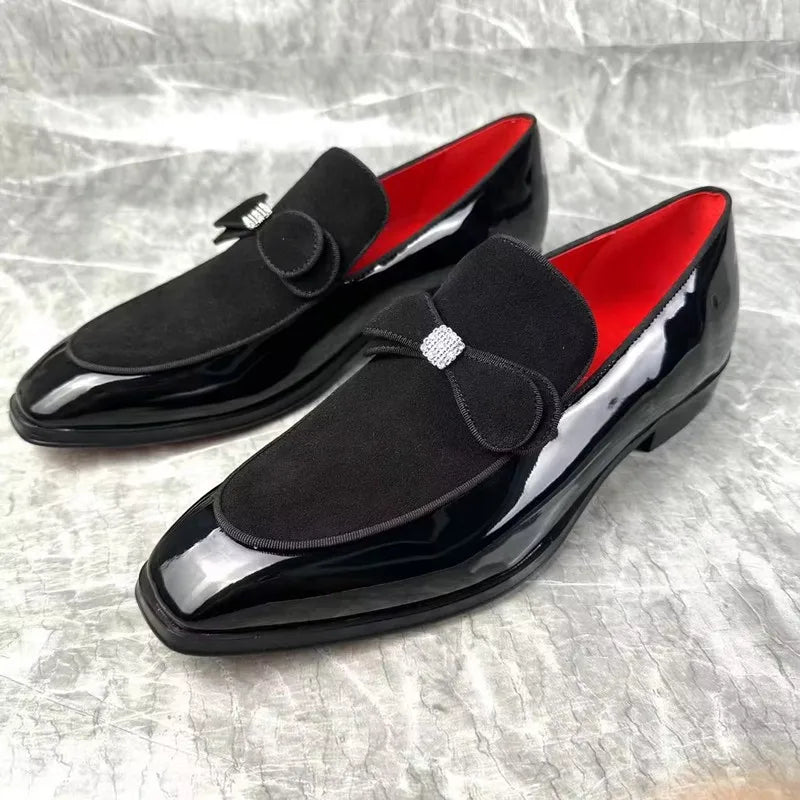 Qianruiti Claasic Bowknot Men Dress Shoes Handmade Patent Men's Banquet Loafers White Slip-on Belgian Style Business Shoe