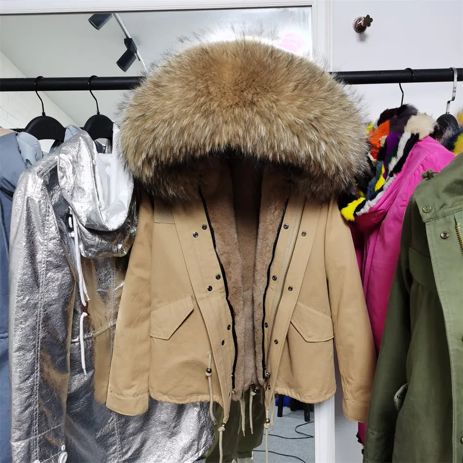 MAOMAOKONG 2025 Real Fur Coat New Fashion Fox Fur Collar Winter Women's clothing Removable Lining Thickened Jacket Short Parka
