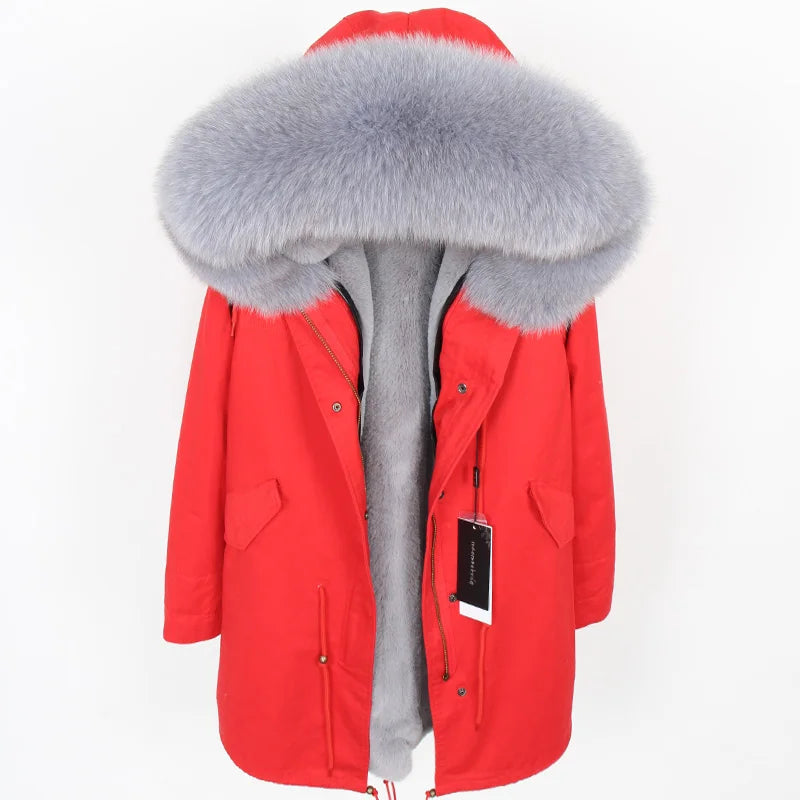 MAOMAOKONG 2025 Real Fur Coat New Fashion Fox Fur Collar Winter Women's clothing Removable Lining Thickened Jacket Short Parka