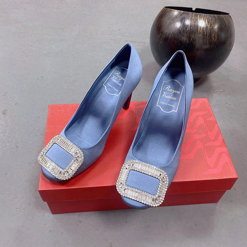 Women's New Square Button Single Shoes Silk Wedding Shoes Shallow Mouth Round Toe Thin Heel Rhinestone High Heels