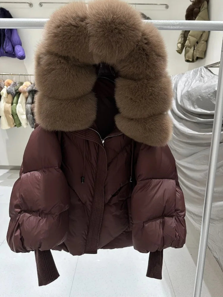OFTBUY Loose Hooded Real Fox Fur Collar Puffer Jacket Women New Winter Oversize Clothing Thick Warm Raccoon Fur Down Coat Female