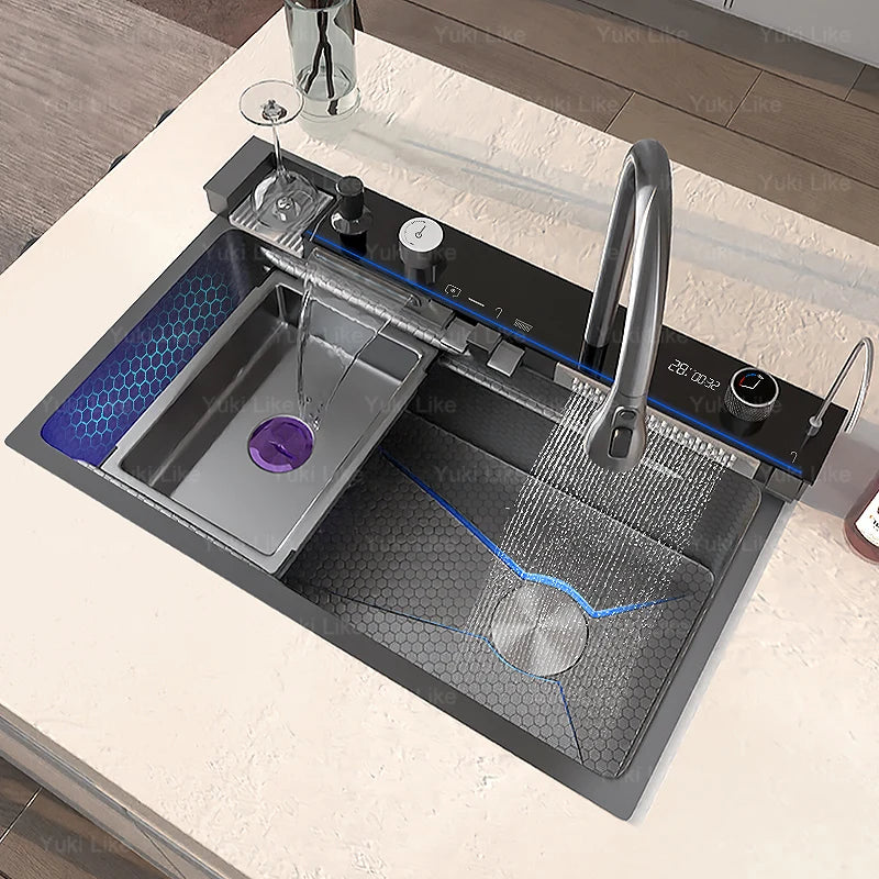 Stainless Steel Waterfall Kitchen Sink Large Single Slot With Digital Display Faucet Apartment Multifunctional Wash Basin