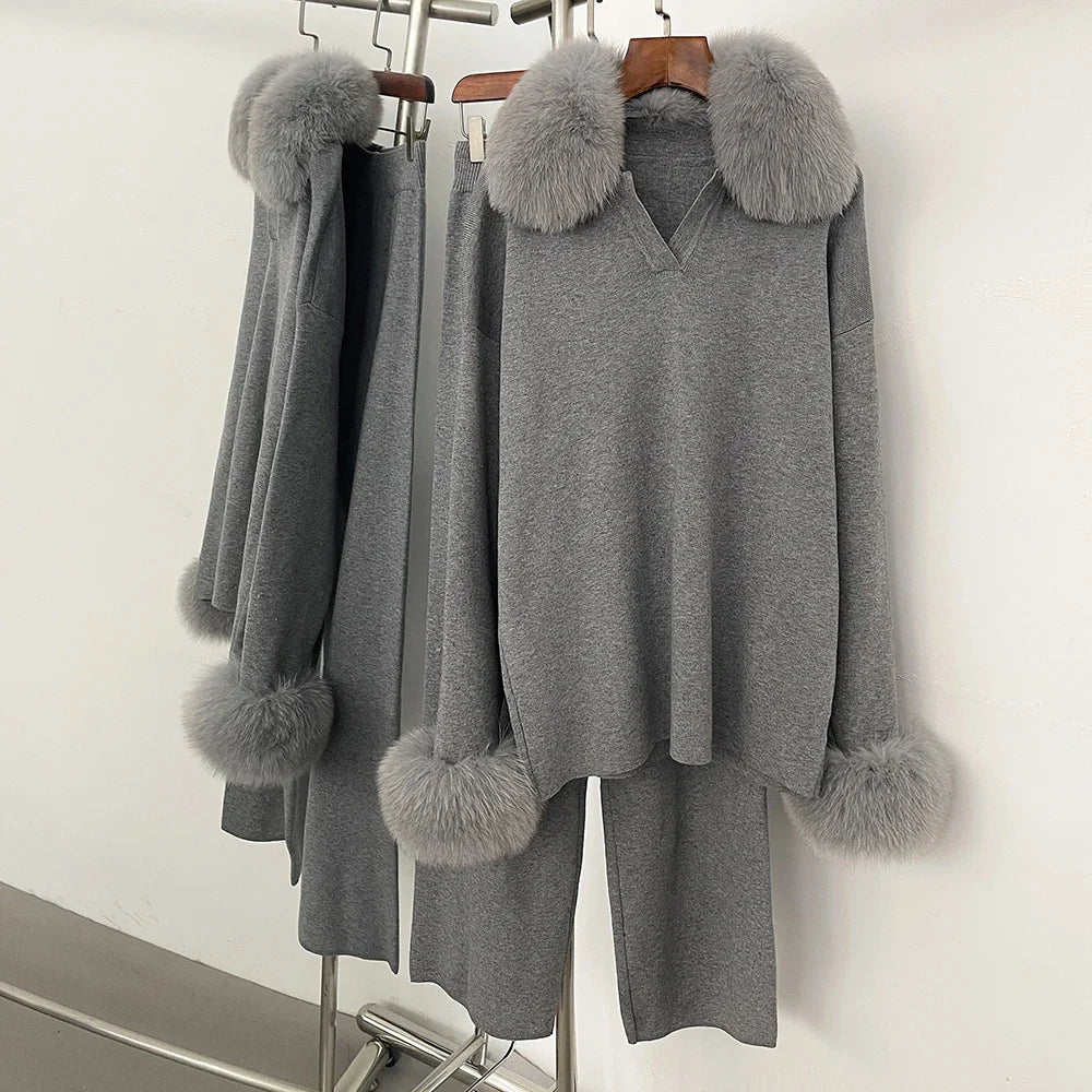 Sweater Real Fox Fur Collar New Autumn Winter Clothing Women Fashion Sweater Suit Female Raccoon Fur Pullovers Trousers Set Lady