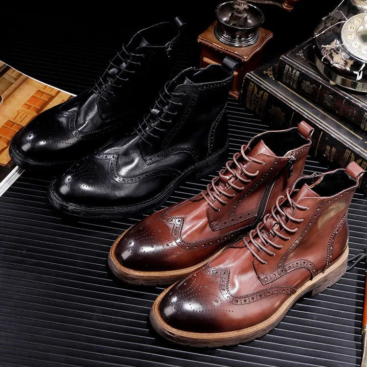 Winter New Leather Short Boots Motorcycle Boots Men's High-top Lace-up Boots Brock Carved British Retro Shoes