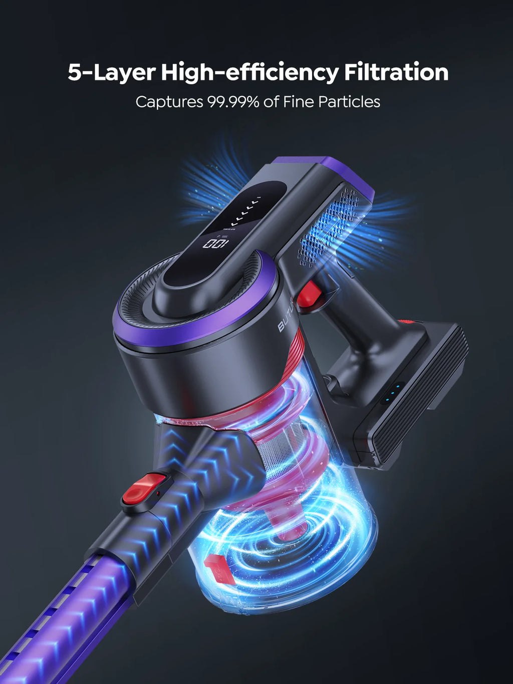 Burure JR400 portable cordless vacuum cleaner 38000PA suction power 450W household appliances 1.5L dust cup with touch screen cordless detachable battery, suitable for automotive animal hair