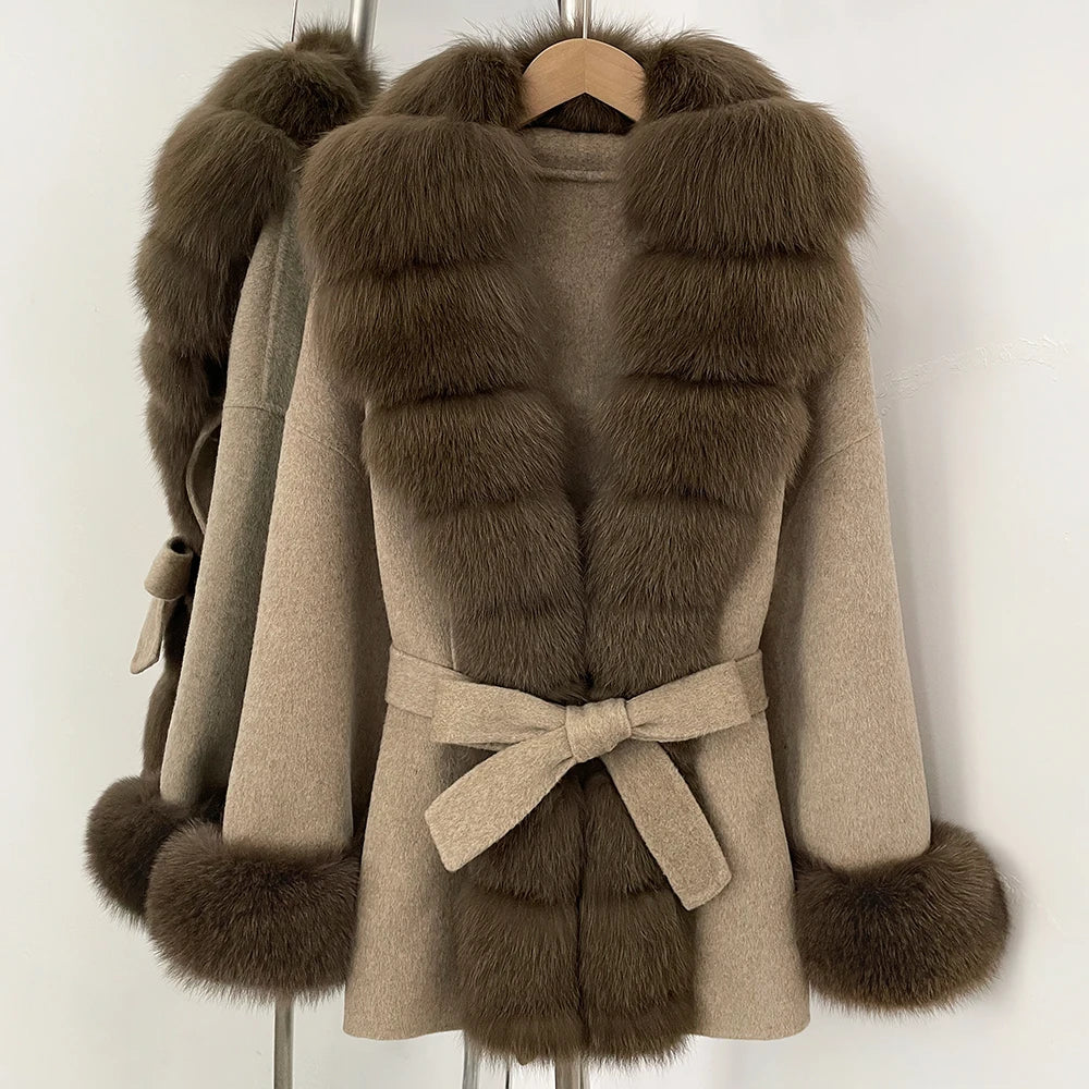 Reality Fur Jacket Women Natural Fox Fur Cuffs Winter Clothing Female Real Fur Wool Jacket Fashion Elegant Woolen Coat With Belt