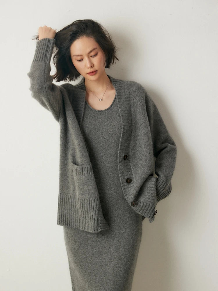 Thick Autumn Winter Women's Button Pocket Cardigan V-Neck 100% Cashmere Sweater Warm Soft Grace Luxury Style Clothing Tops